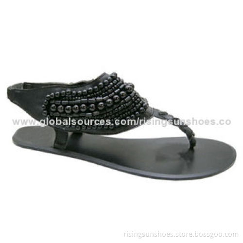 Women's fashionable flat sandals with braided post, beads decorated on ankle tape